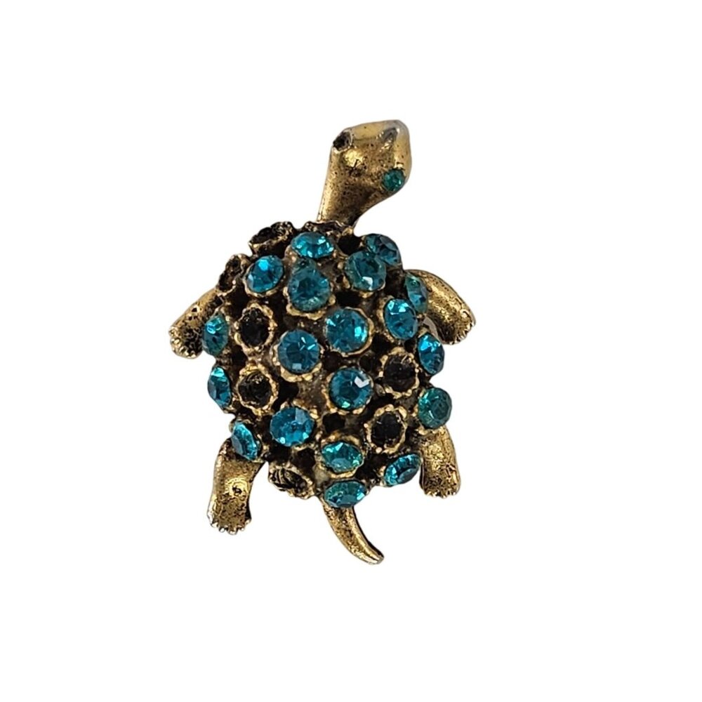 Vintage One Eyed Turtle Rhinestone Brooch Pin Gold Tone Blue Gemstones *AS IS*